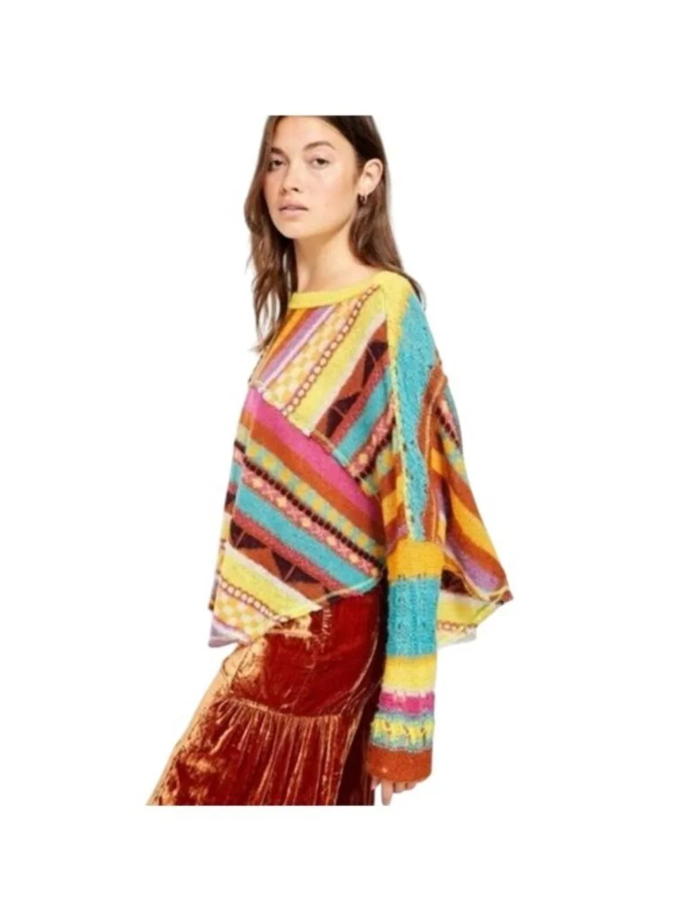 NWT Free People Bright Multicolored Knit Poncho Sweater M| Boho Whimsigoth Indie - Picture 13 of 16